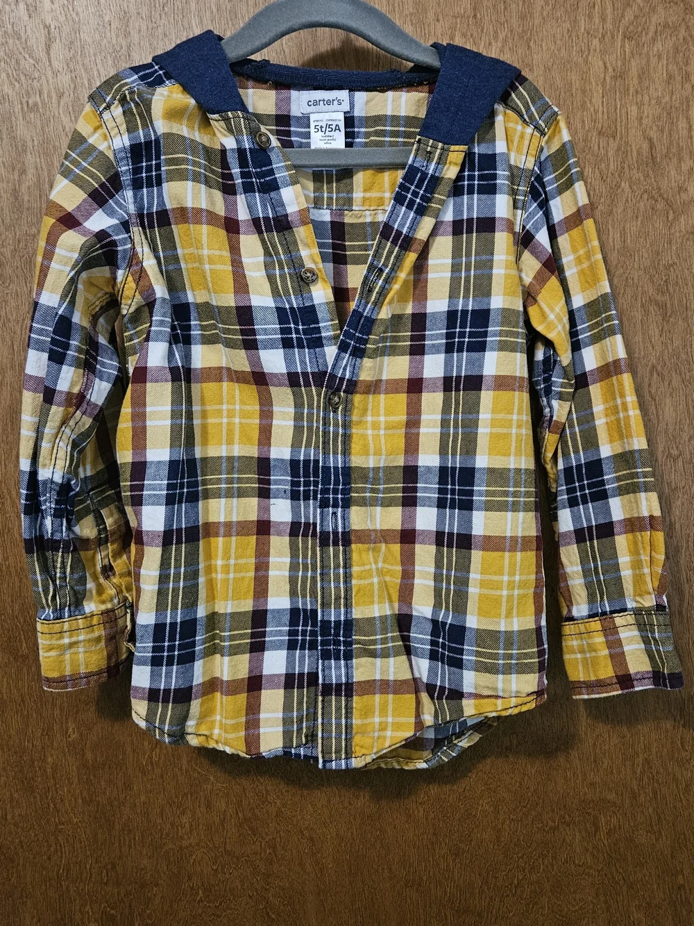 Carter's Yellow Navy Plaid Hooded Button-Down Shirt